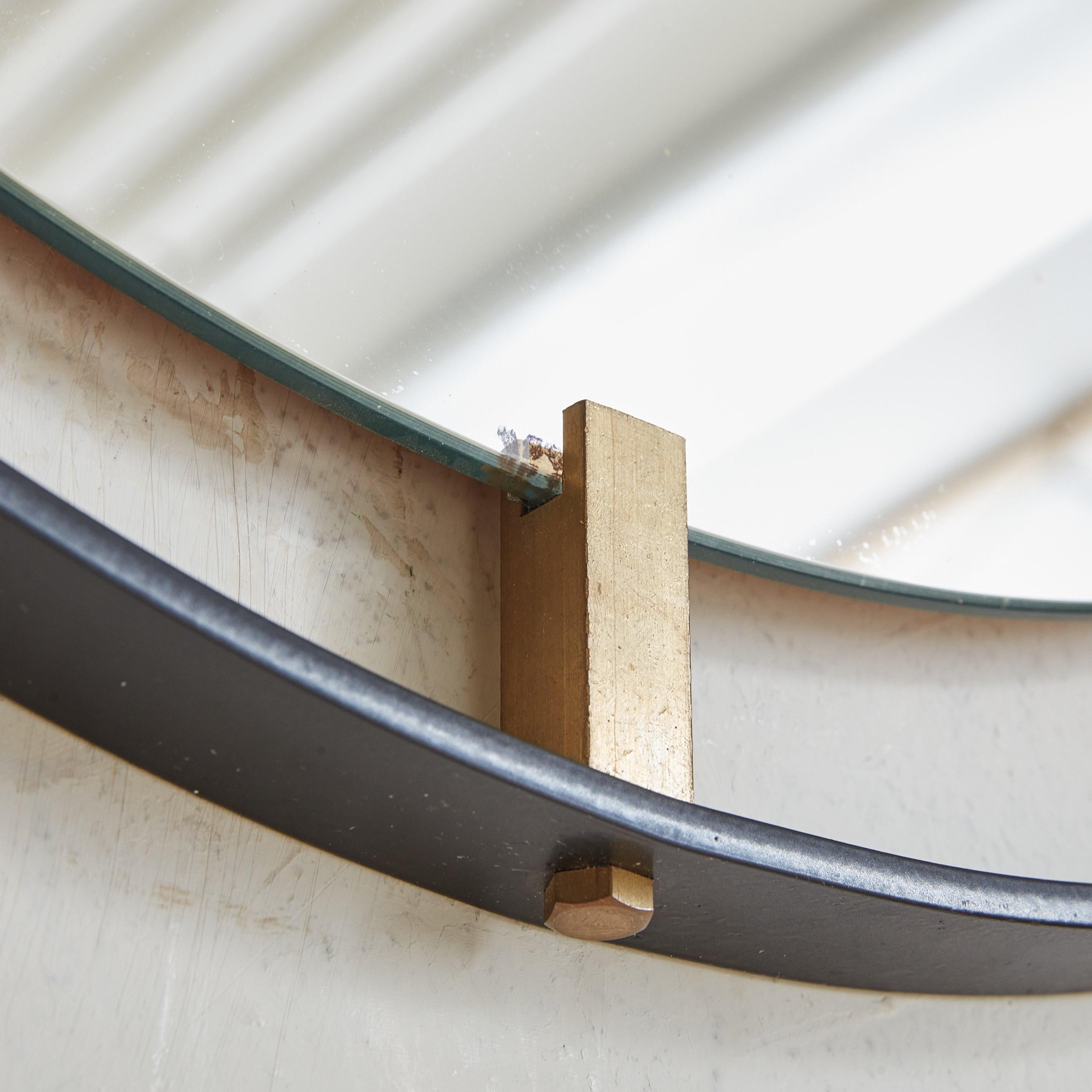 Round Black Metal + Brass Wall Mirror, 1980s For Sale 6