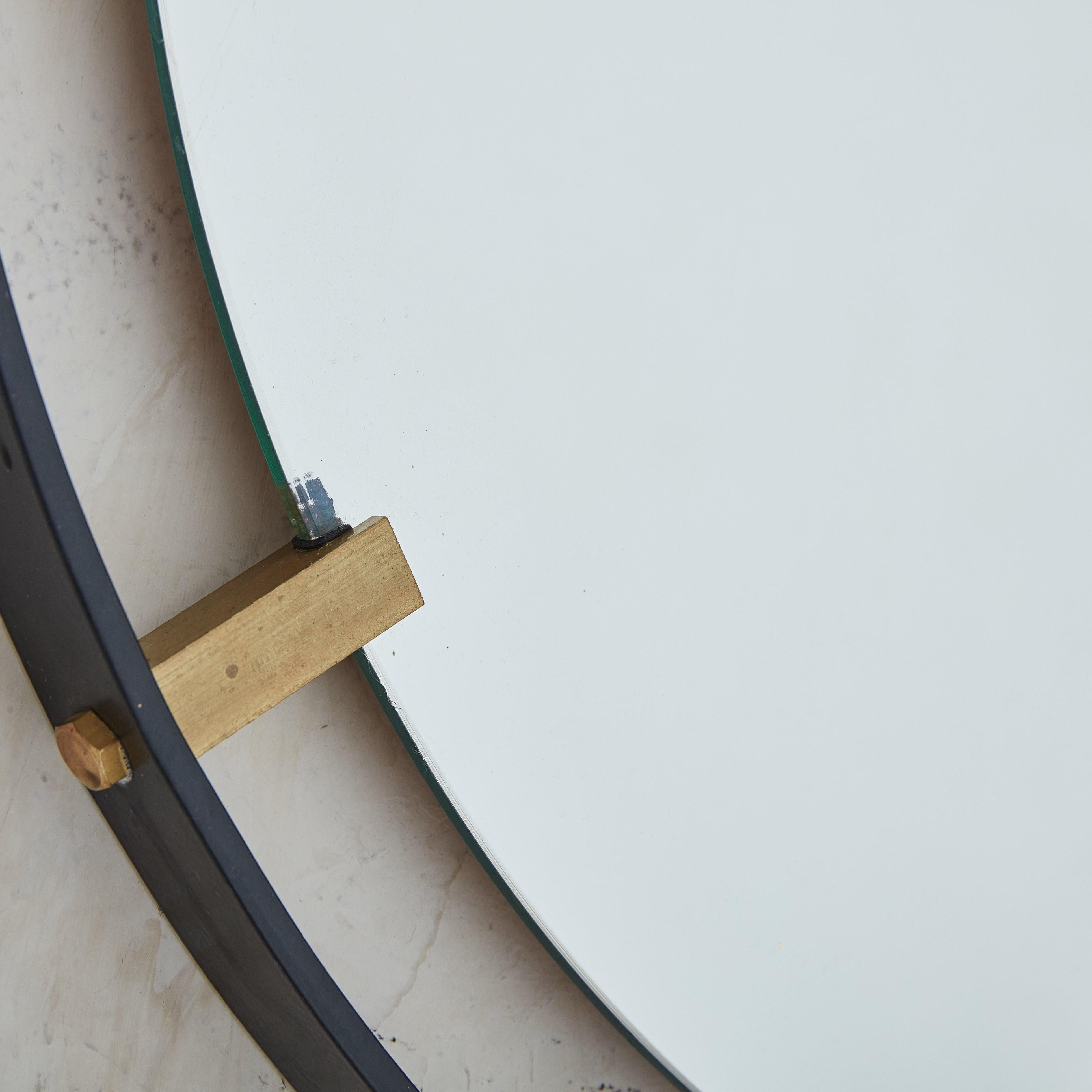 Round Black Metal + Brass Wall Mirror, 1980s For Sale 3