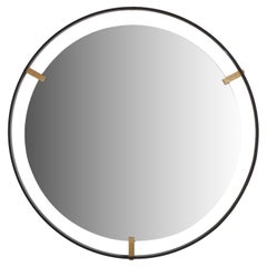 Runder Wandspiegel aus schwarzem Metall + Messing, 1980er-Jahre