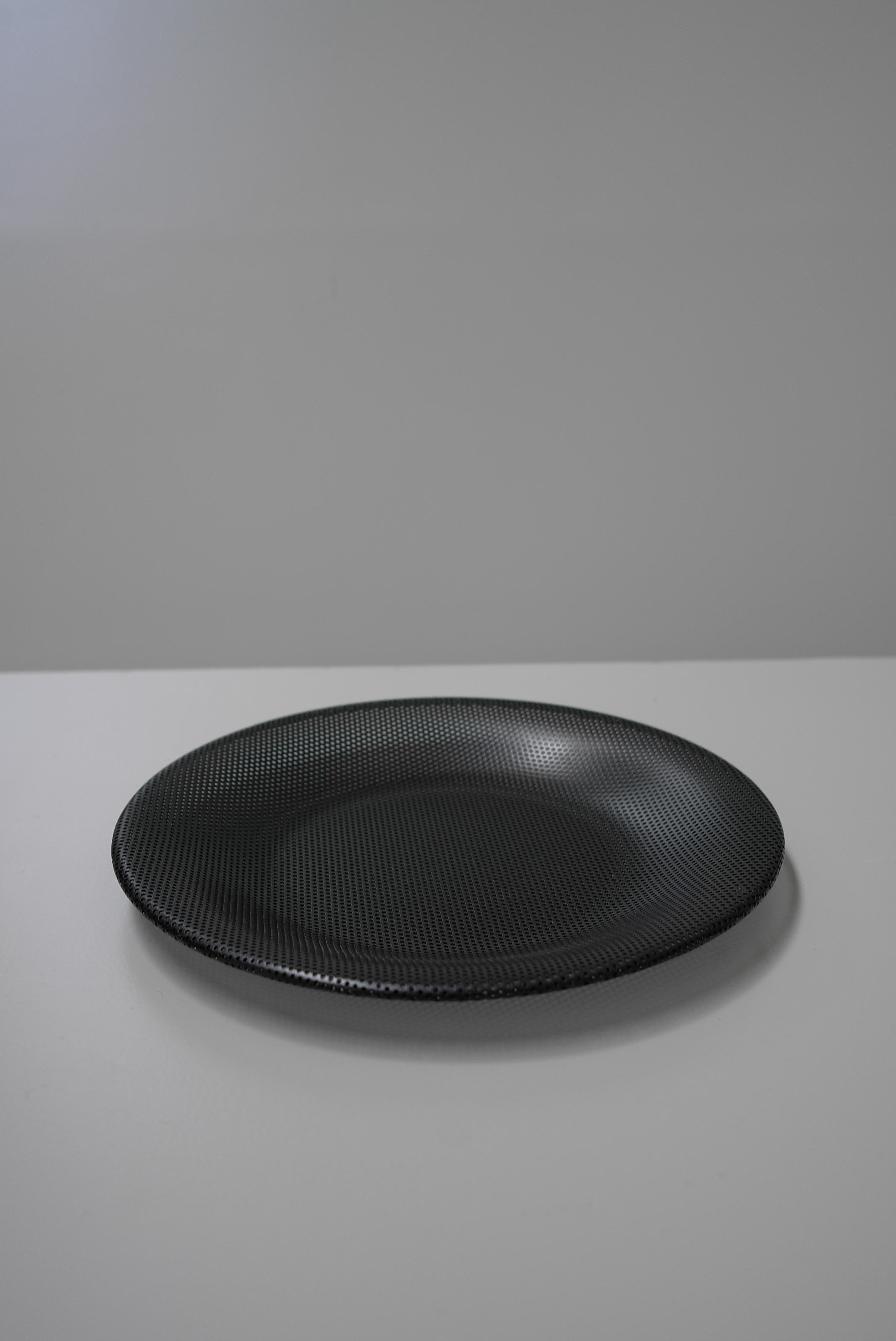 Black metal tray designed by Mathieu Matégot. Manufactured by Ateliers Matégot, France, circa 1950. Lacquered perforated metal.