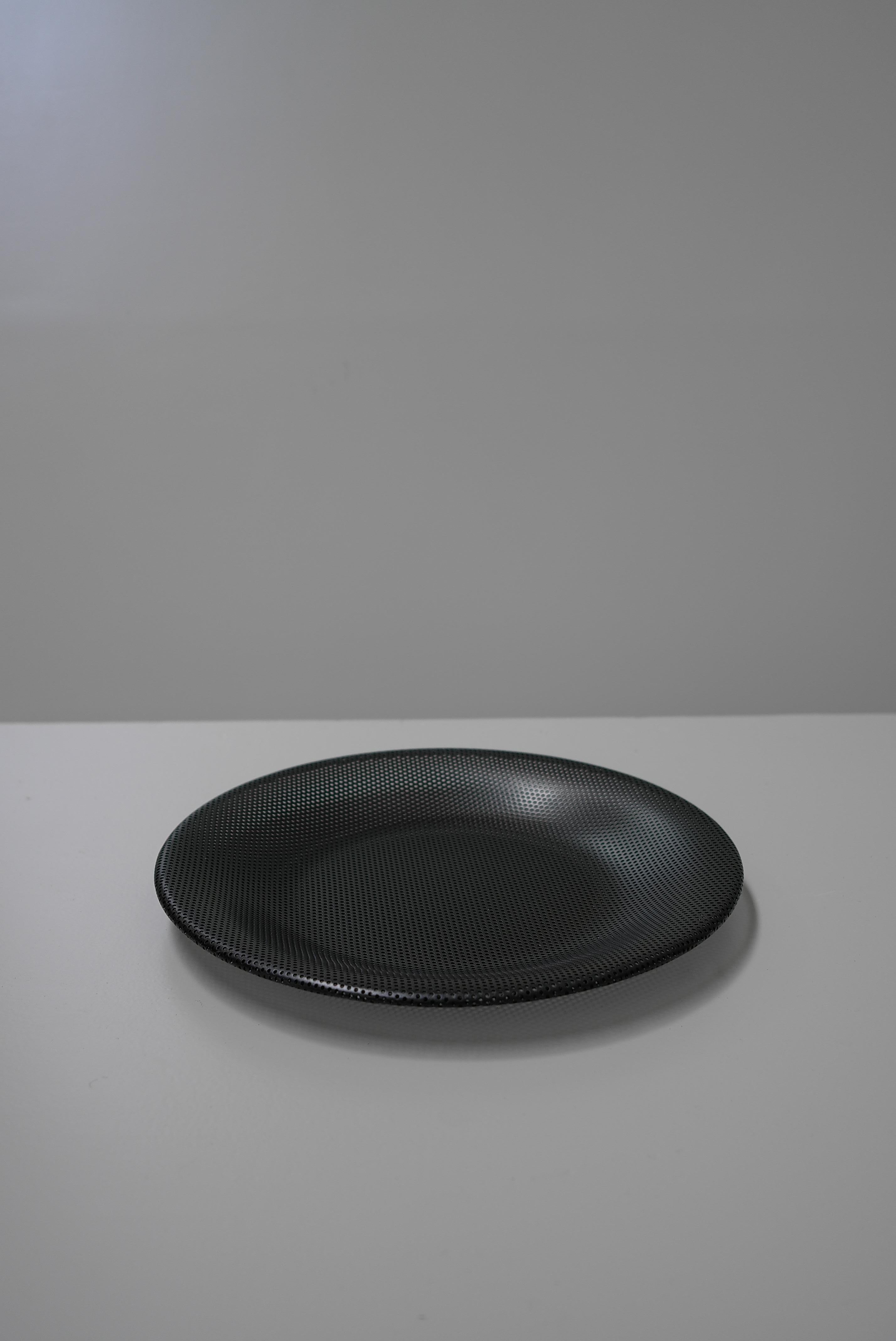 Mid-Century Modern Round Black Metal Tray Designed by Mathieu Matégot, France, 1950s For Sale
