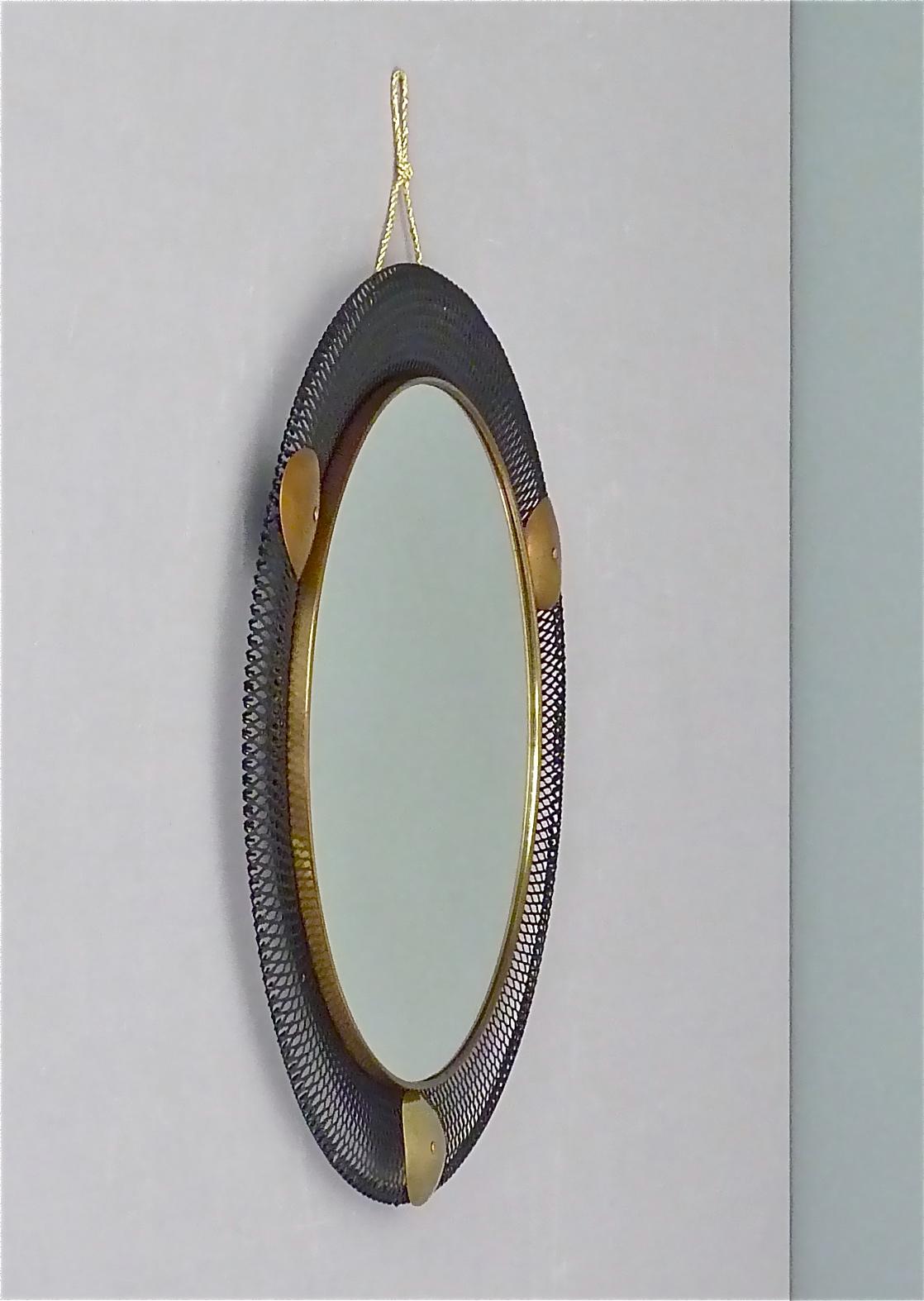 Round Black Midcentury Wall Mirror Brass Stretched Metal 1955 Mategot Biny Style For Sale 3