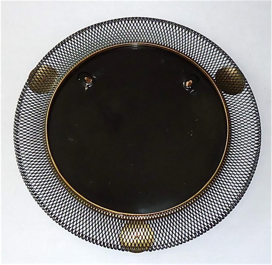 Round Black Midcentury Wall Mirror Brass Stretched Metal 1955 Mategot Biny Style For Sale 4