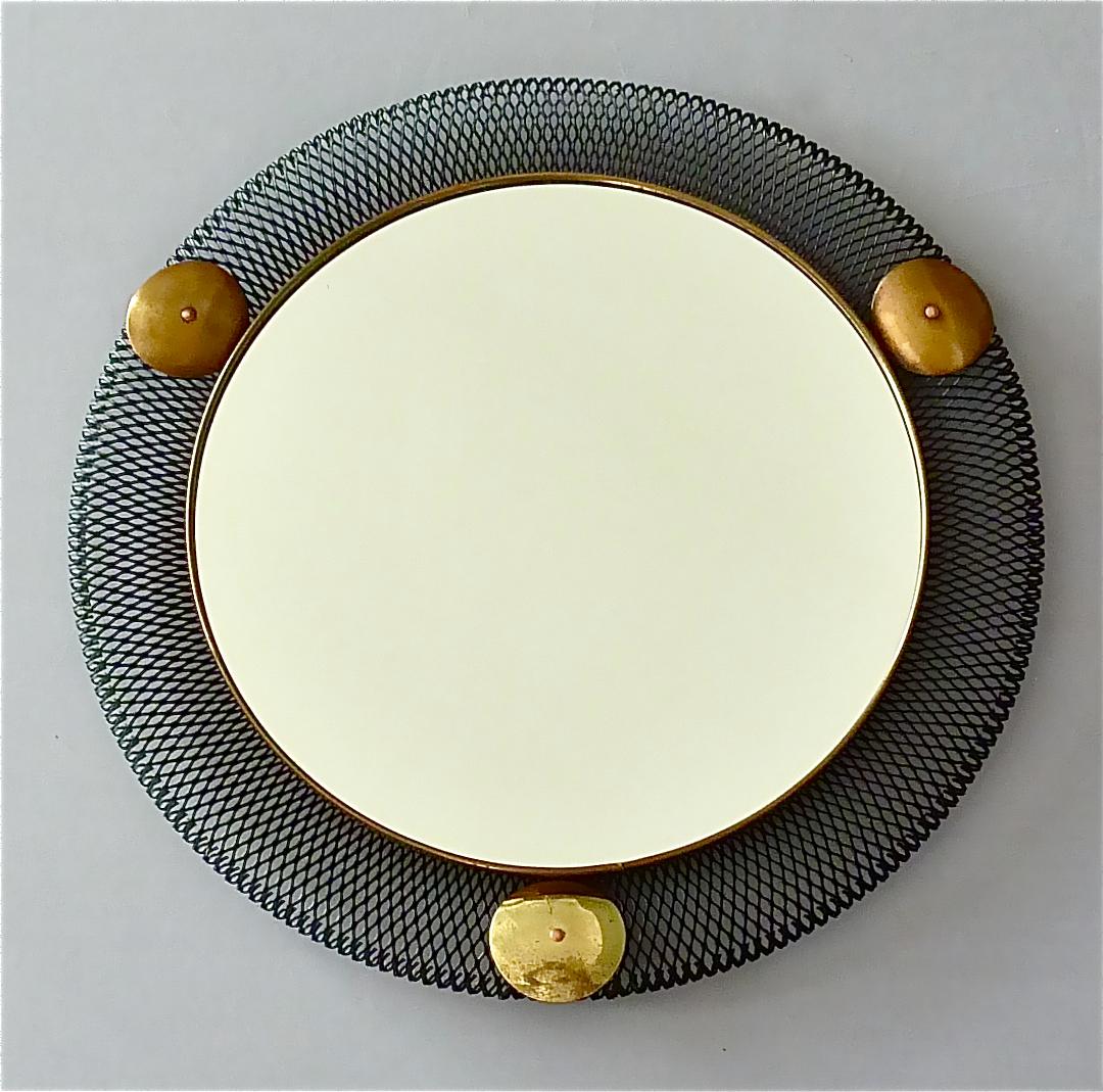 Round Black Midcentury Wall Mirror Brass Stretched Metal 1955 Mategot Biny Style For Sale 5