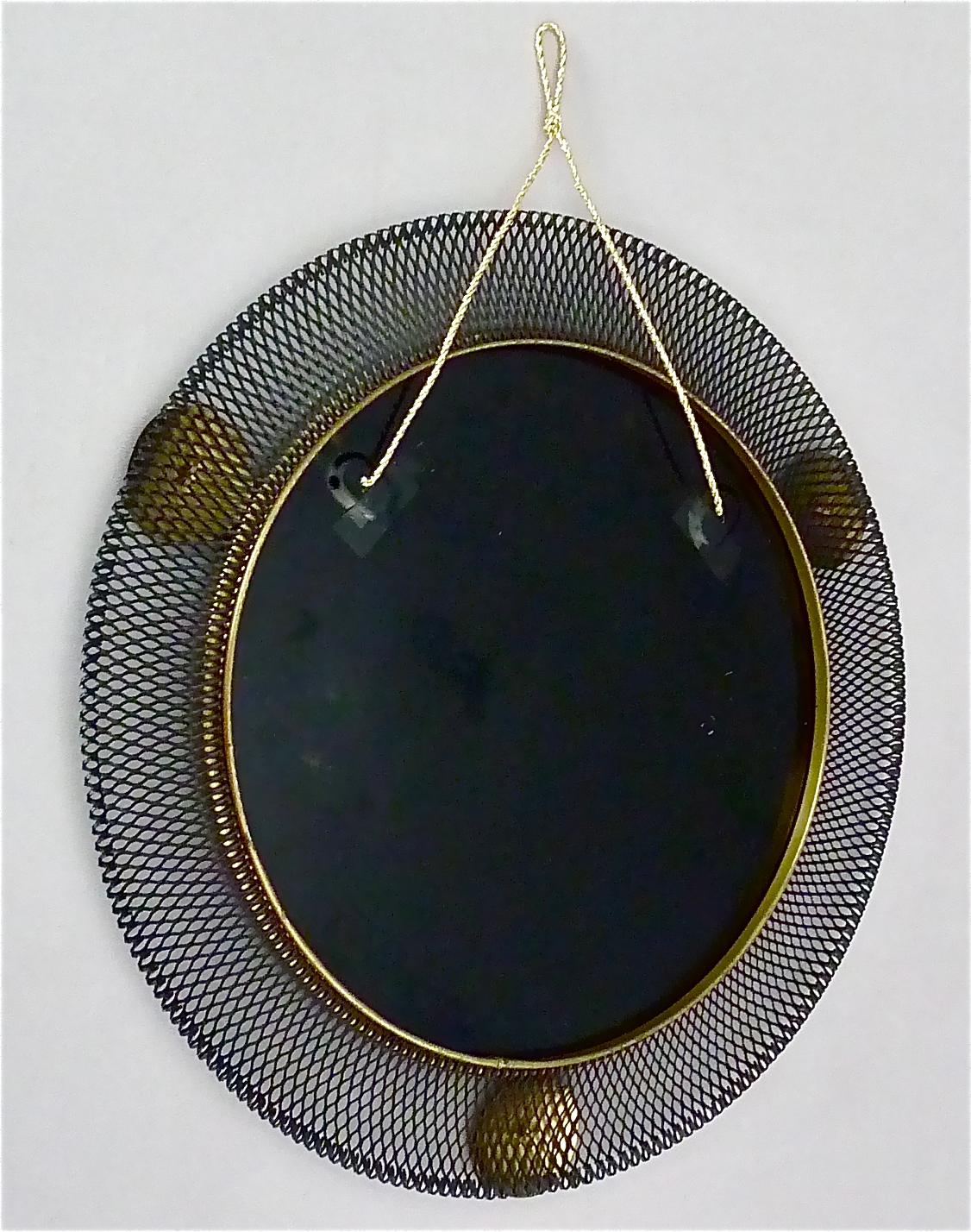 Round Black Midcentury Wall Mirror Brass Stretched Metal 1955 Mategot Biny Style For Sale 6