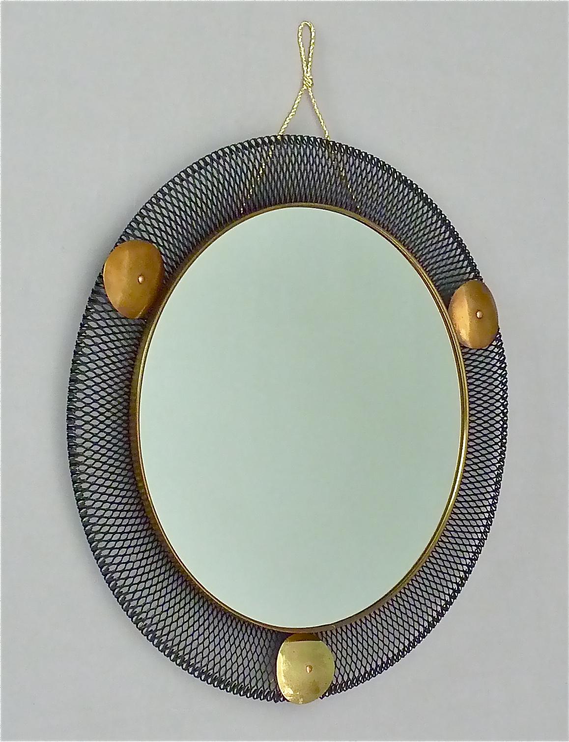 Round Black Midcentury Wall Mirror Brass Stretched Metal 1955 Mategot Biny Style For Sale 1