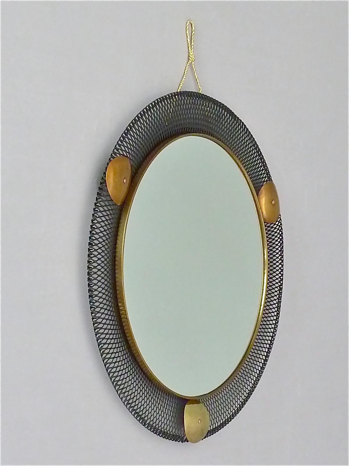 Round Black Midcentury Wall Mirror Brass Stretched Metal 1955 Mategot Biny Style For Sale 2