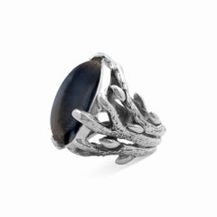 Round Black Moss Agate Ring in Sterling Silver