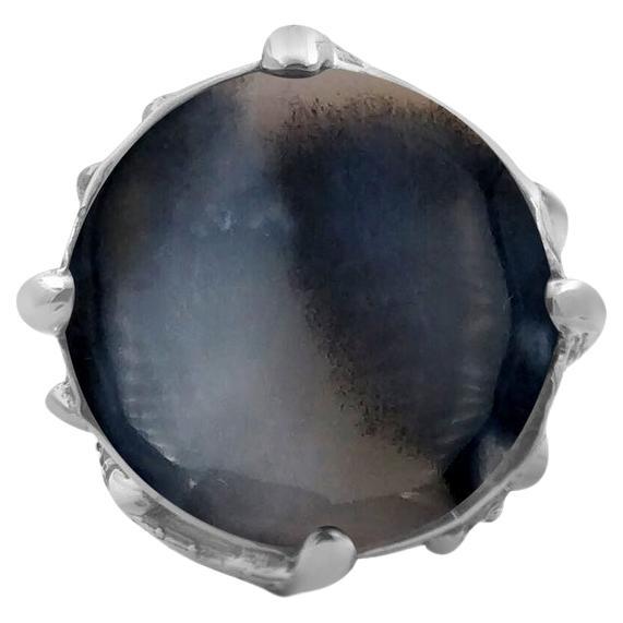 Round Black Moss Agate Ring in Sterling Silver