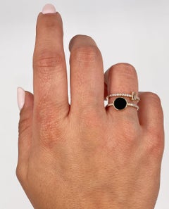 Round Black Onyx & Baguette White Topaz 14K Yellow Gold Double Row Diamond Ring