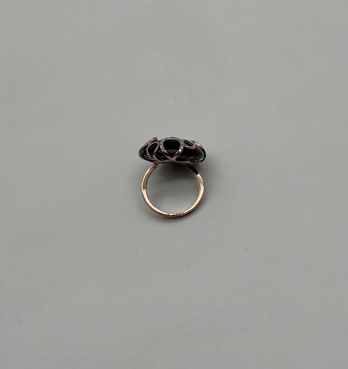 Round Black Onyx Cabochon Diamonds Swirl Scroll 14K Rose Gold Diamond Ring For Sale 5