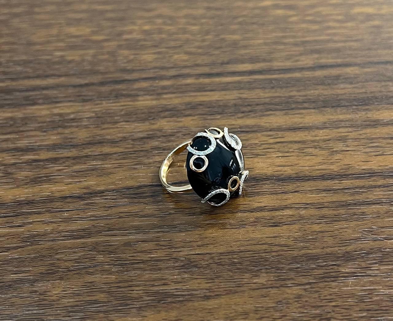 Mixed Cut Round Black Onyx Cabochon Diamonds Swirl Scroll 14K Rose Gold Diamond Ring For Sale
