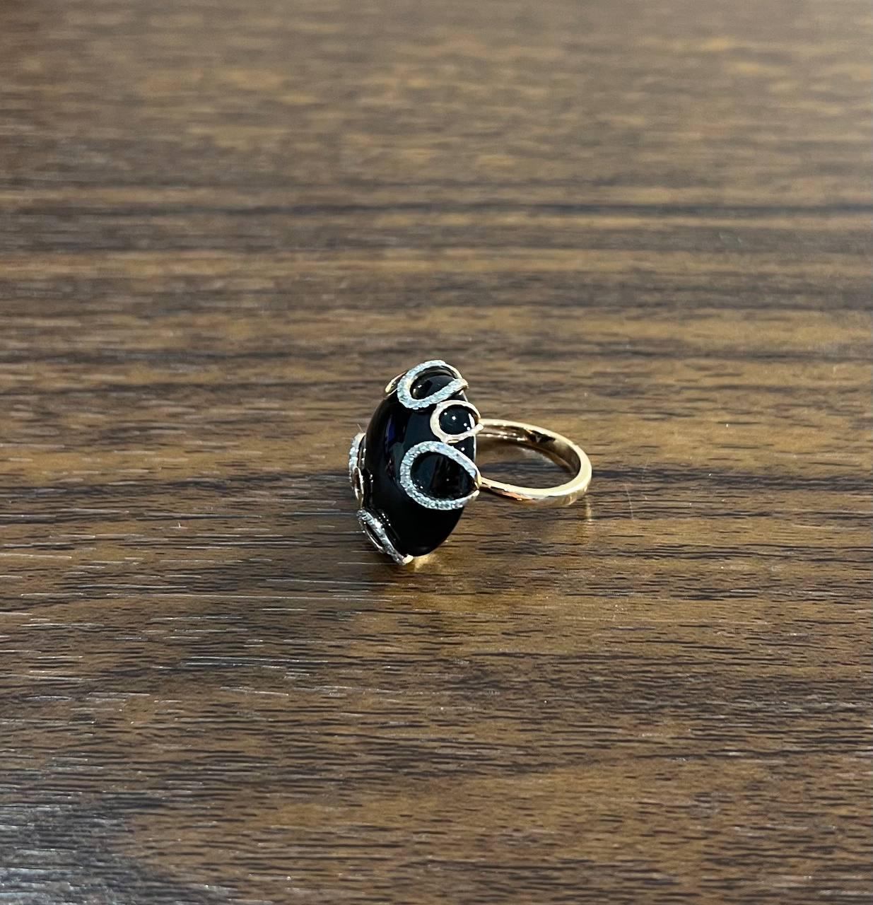Round Black Onyx Cabochon Diamonds Swirl Scroll 14K Rose Gold Diamond Ring In New Condition For Sale In Oakton, VA