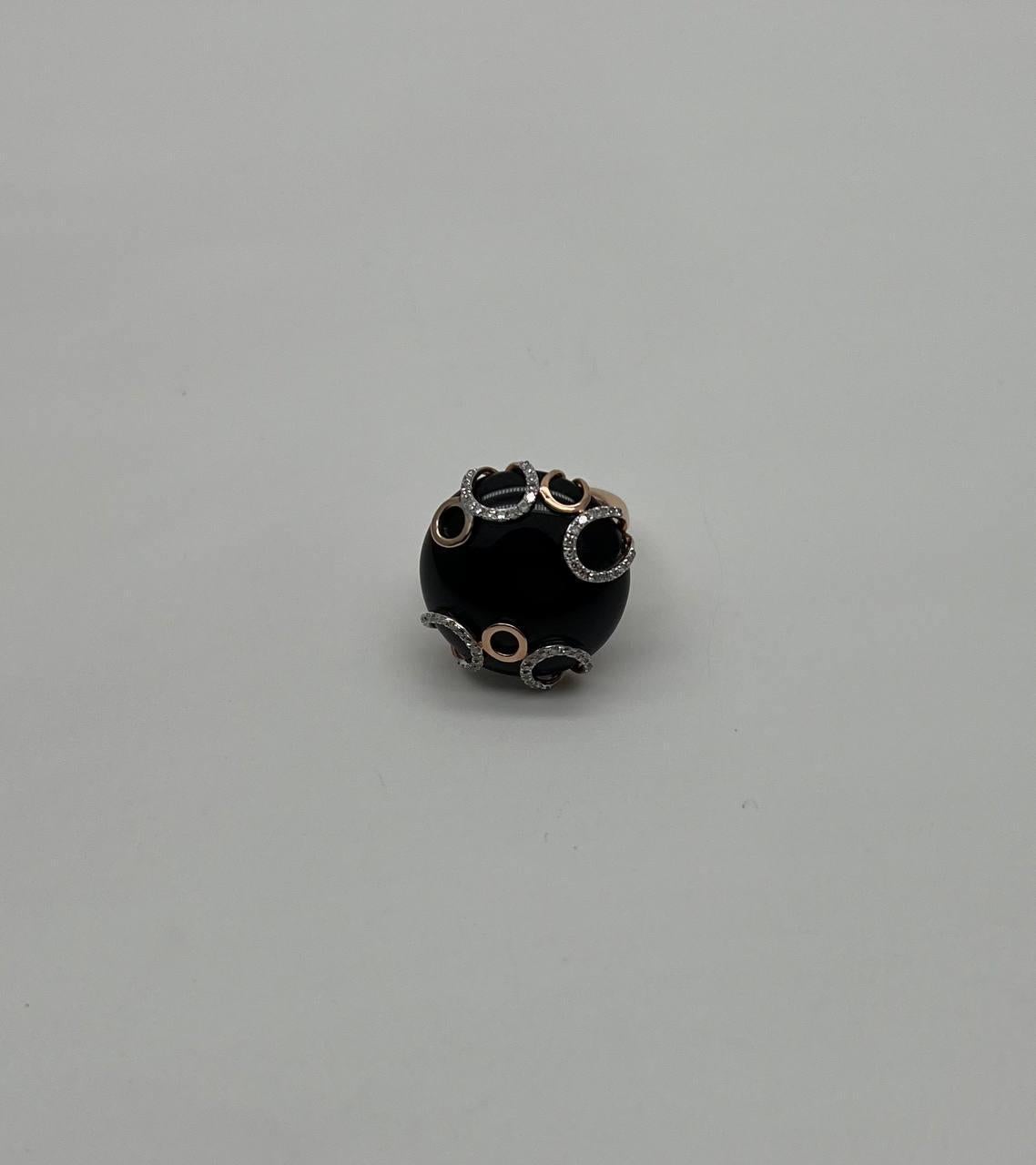 Round Black Onyx Cabochon Diamonds Swirl Scroll 14K Rose Gold Diamond Ring For Sale 1