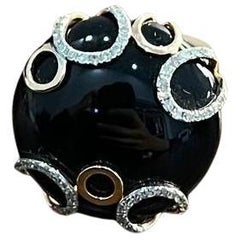 Round Black Onyx Cabochon Diamonds Swirl Scroll 14K Rose Gold Diamond Ring