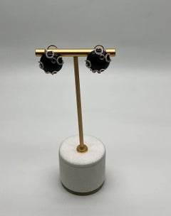 Round Black Onyx Cabochons Diamonds Swirl Scroll 14K Rose Gold Stud Earrings