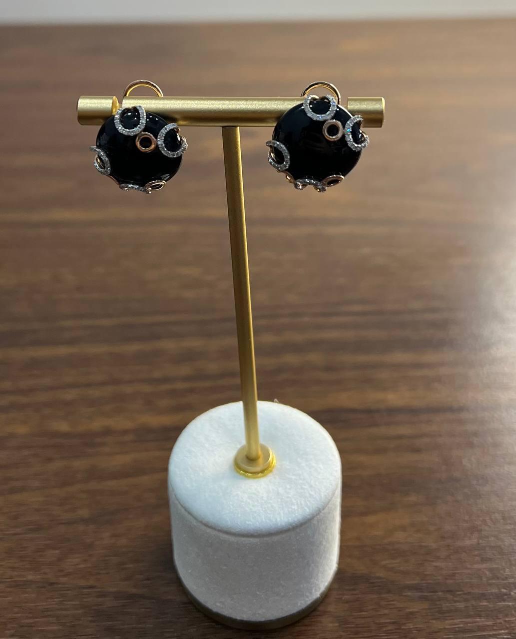 Round Black Onyx Cabochons Diamonds Swirl Scroll 14K Rose Gold Stud Earrings For Sale 2