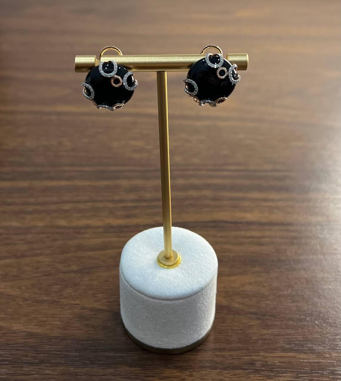 Round Black Onyx Cabochons Diamonds Swirl Scroll 14K Rose Gold Stud Earrings For Sale 3