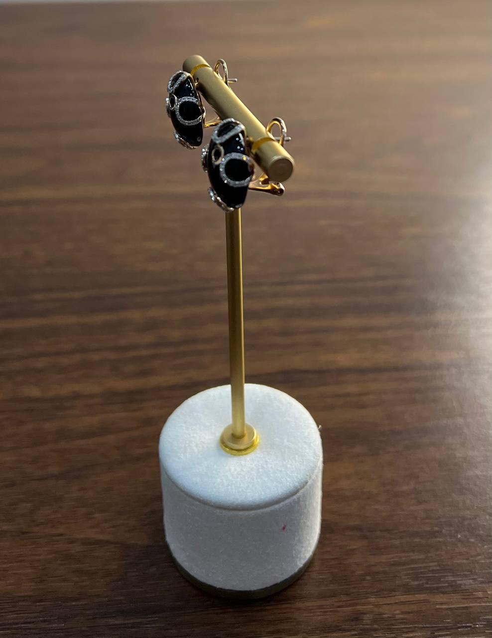 Round Black Onyx Cabochons Diamonds Swirl Scroll 14K Rose Gold Stud Earrings For Sale 4
