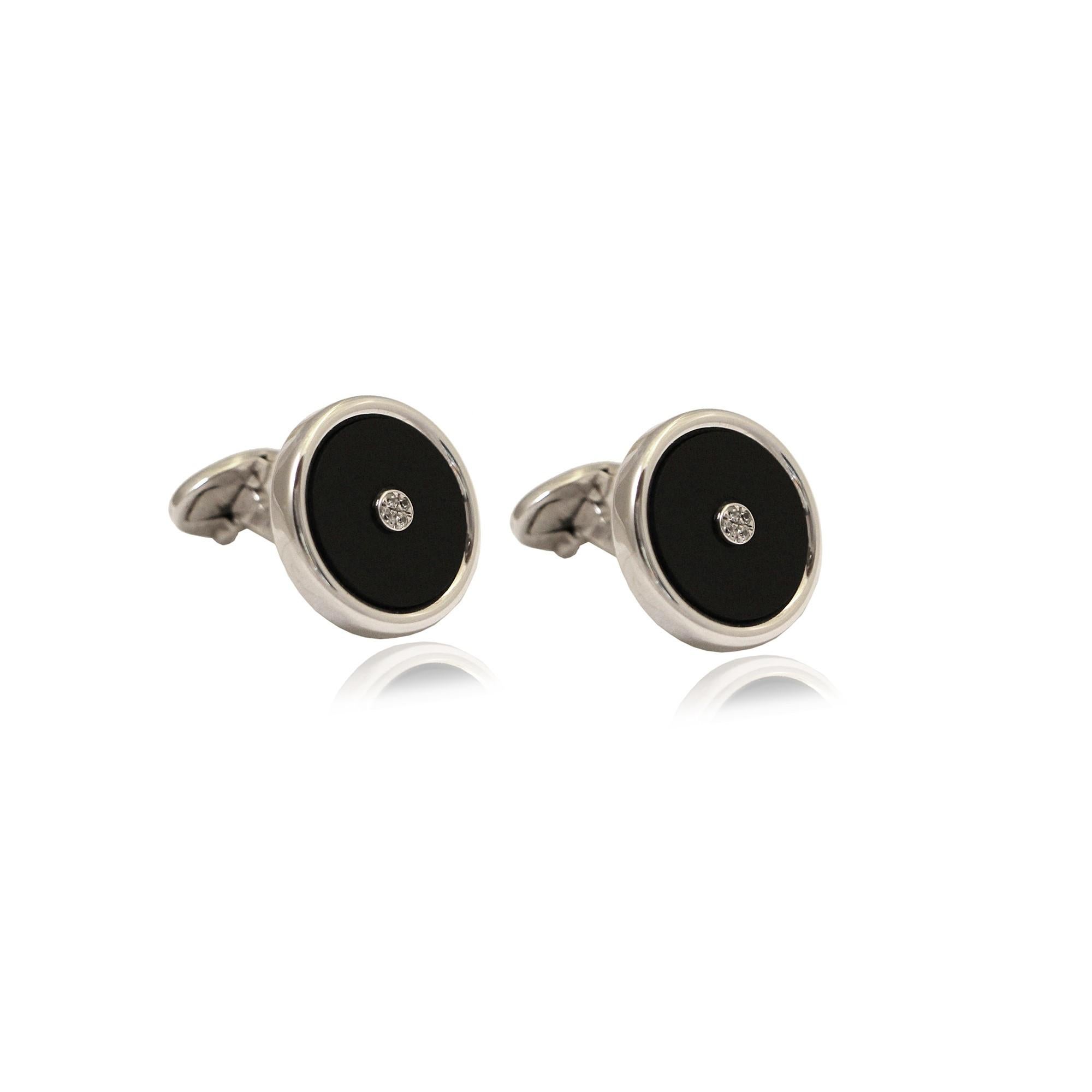 Contemporary Round Black Onyx Cufflinks with Pave Diamonds Centre in 14Kt White Gold For Sale