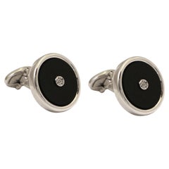 Round Black Onyx Cufflinks with Pave Diamonds Centre in 14Kt White Gold