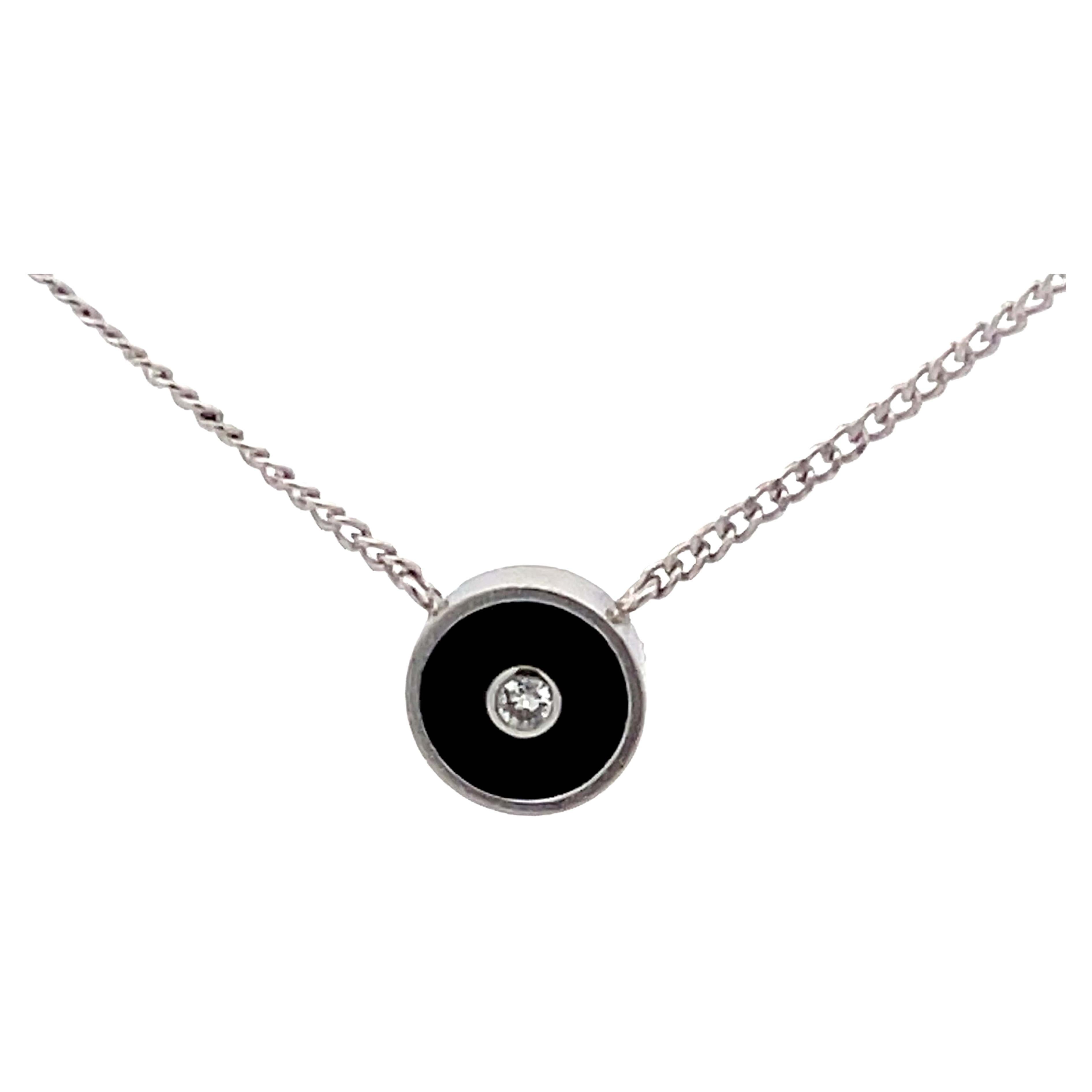 Round Black Onyx Diamond Necklace in Platinum For Sale