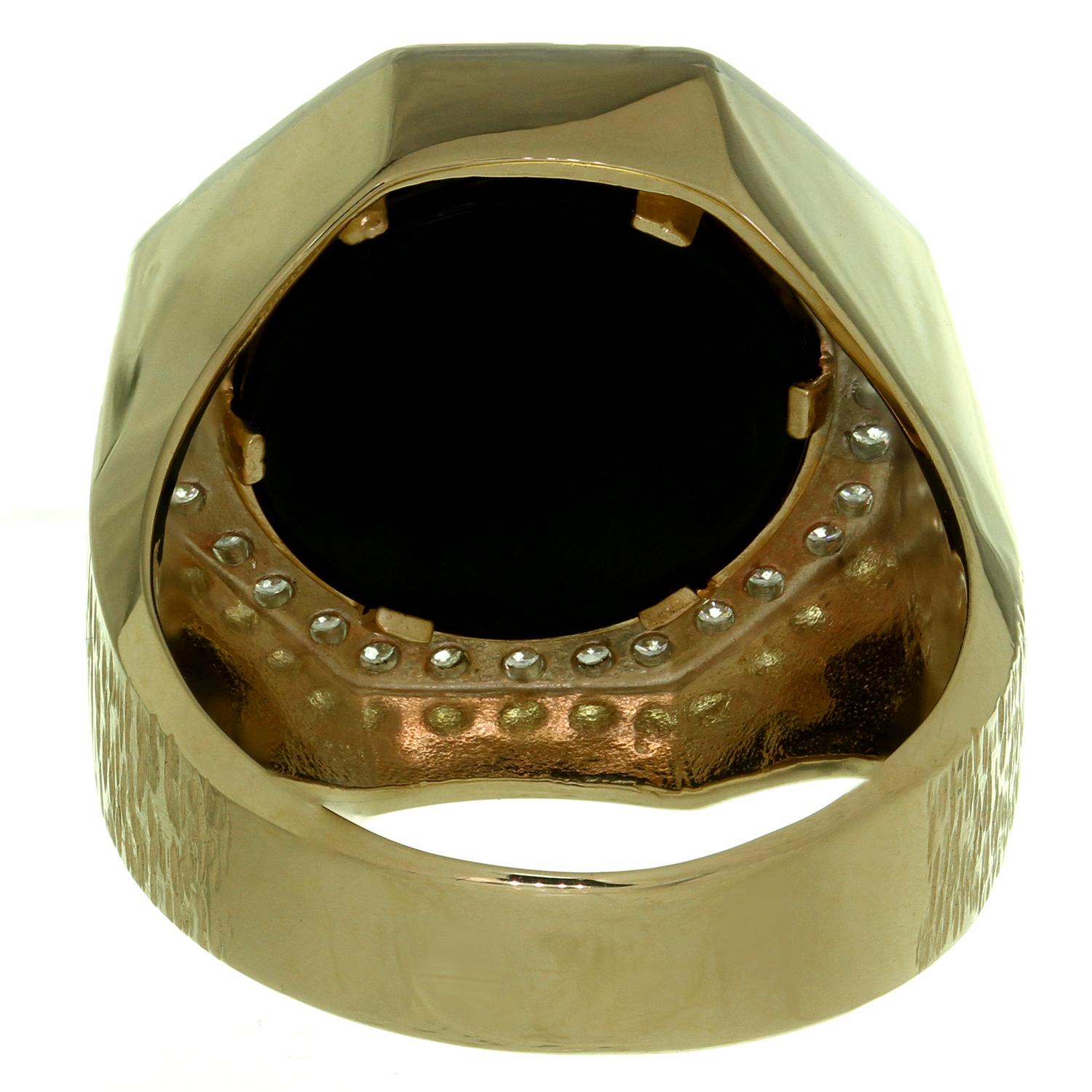 Round Cut Round Black Onyx Diamond Textured Yellow Gold Men's Large Octagonal Ring