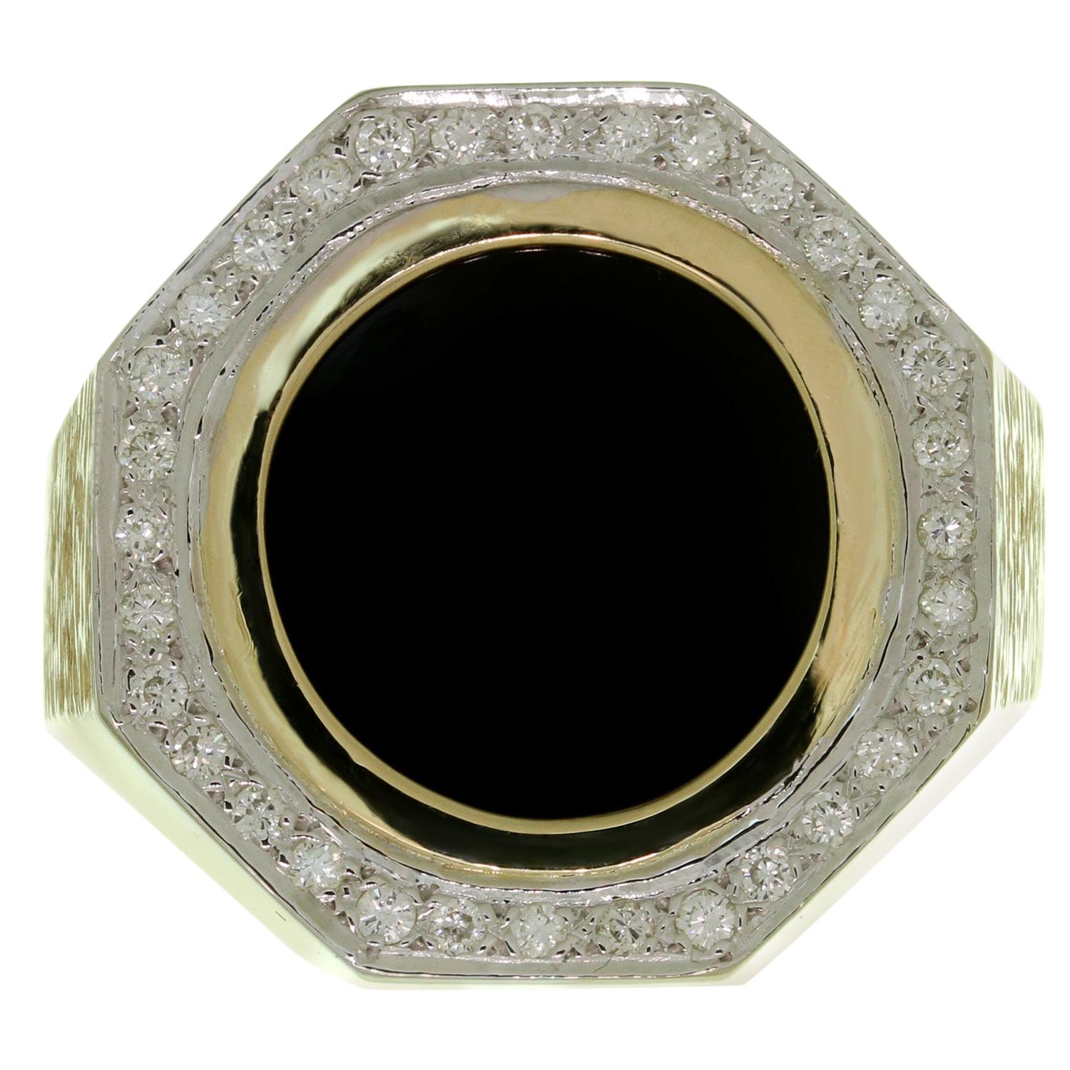 Round Black Onyx Diamond Textured Yellow Gold Men's Large Octagonal Ring