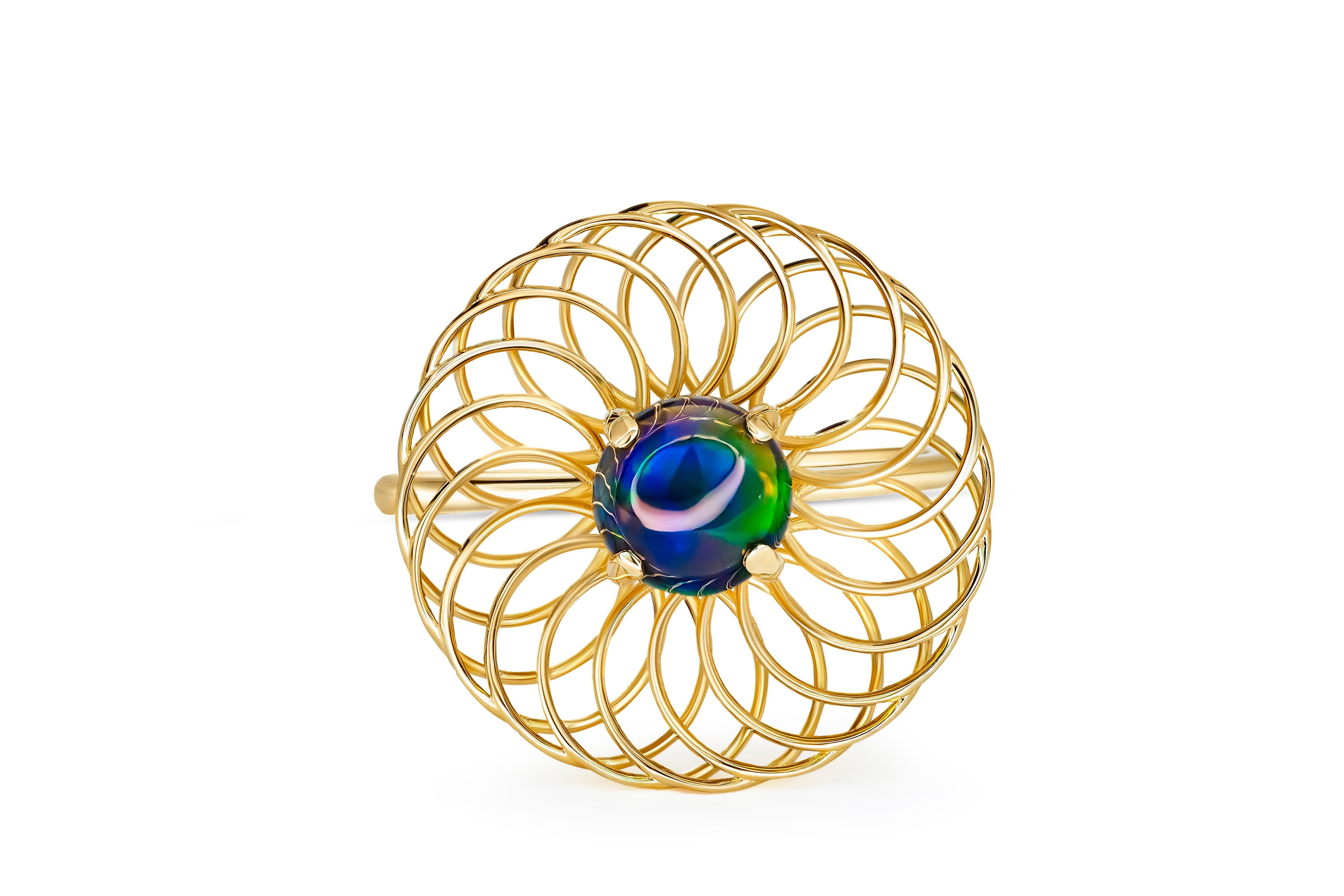 Women's Round black opal ring in 14k gold.  For Sale