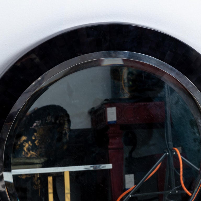 Penshell Frame Round Black Pen Shell and Steel Mirror For Sale at 1stDibs