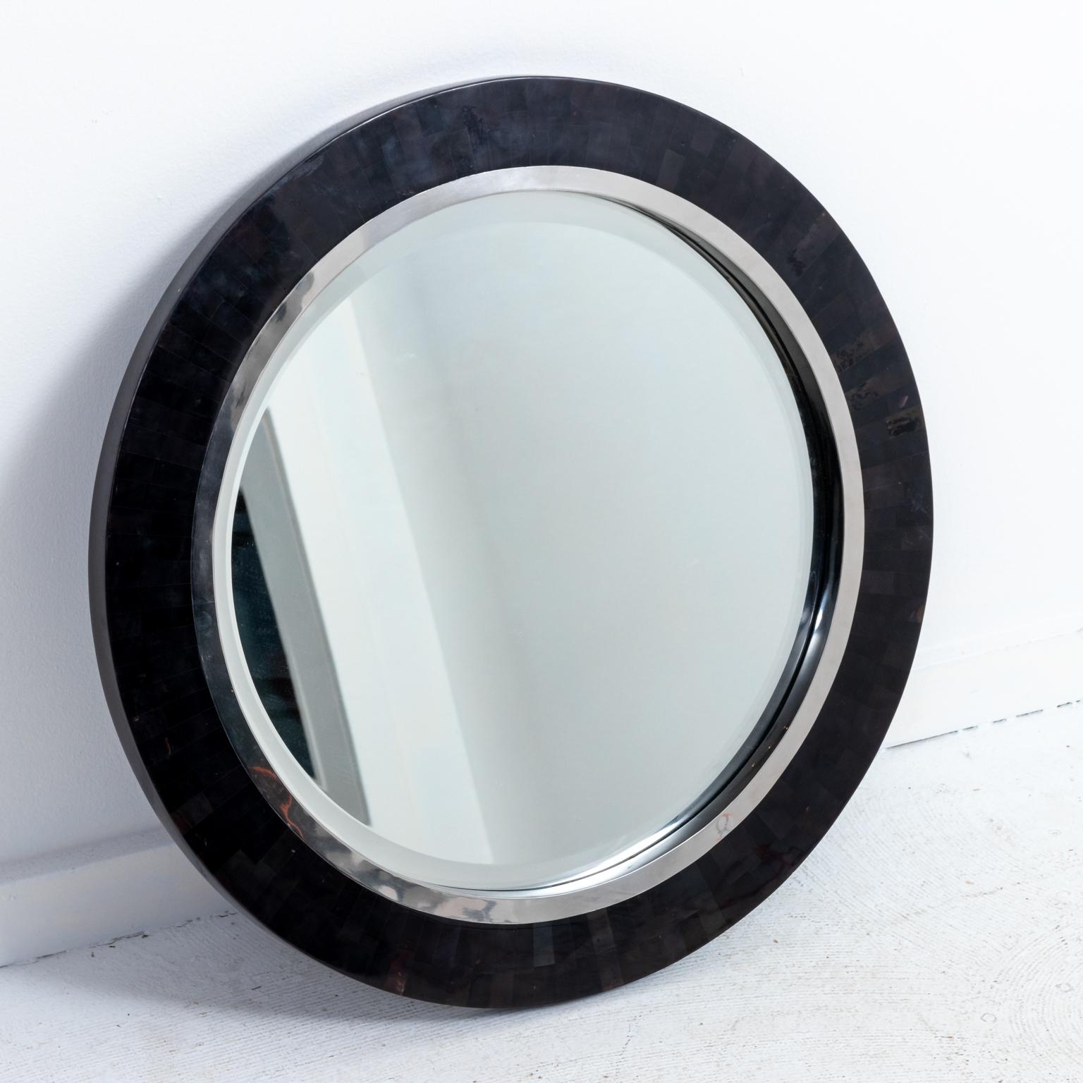 Round Black Pen Shell and Steel Mirror For Sale 1