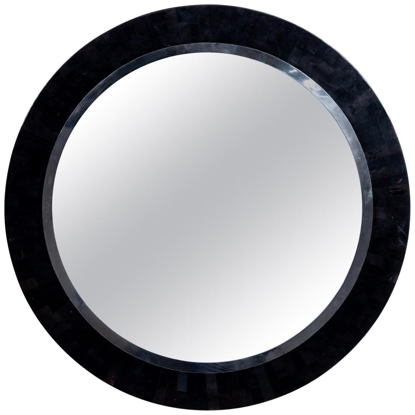 Round Black Pen Shell and Steel Mirror For Sale