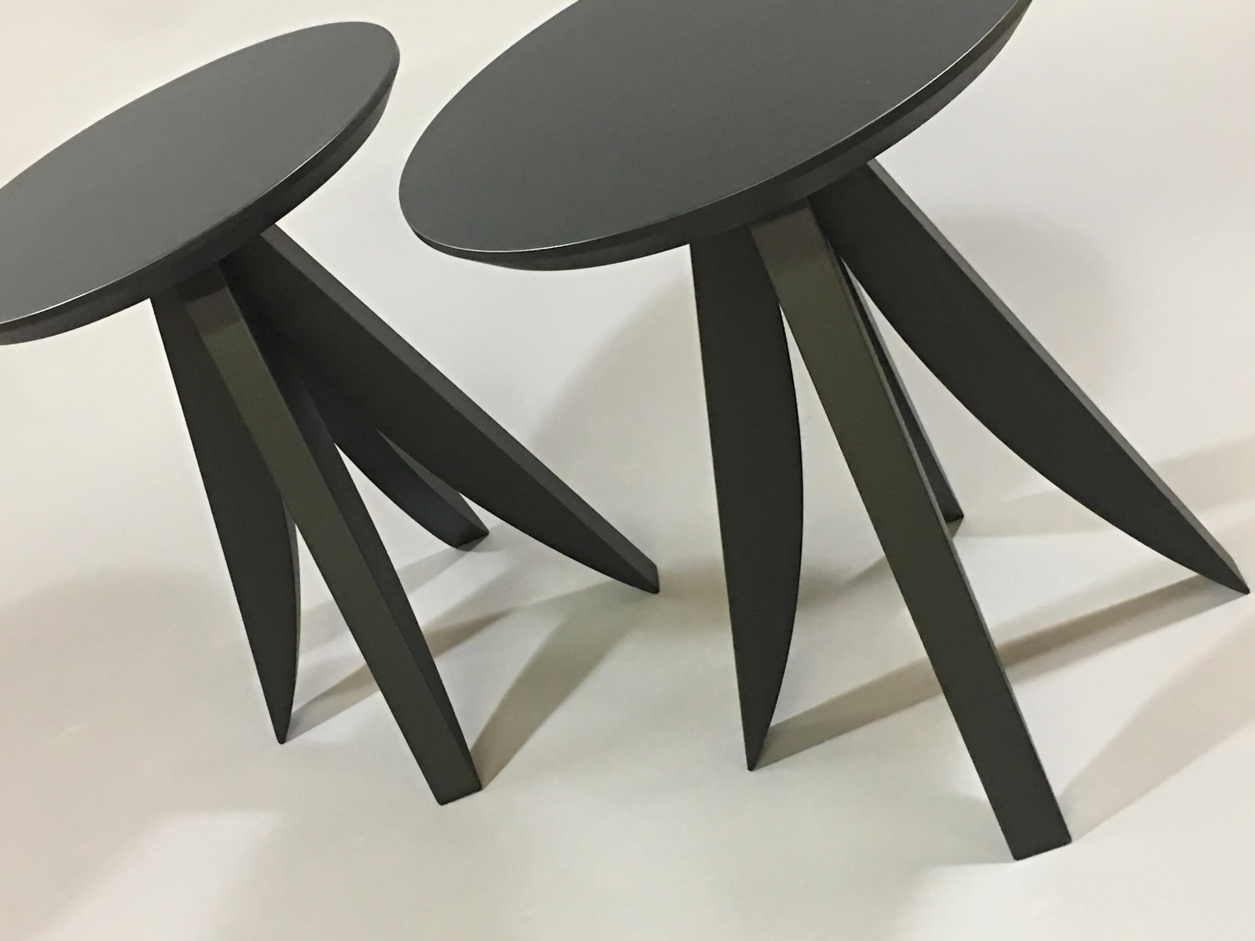 Uniquely designed side tables or nightstands with graceful ebonized mortise and tenoned leg construction. Available individually or solid in sets. Custom woods and various sizes and finishes are available.