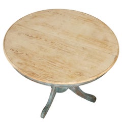 Round Bleached Oak Dining Table with Blue Painted Base and Leaf