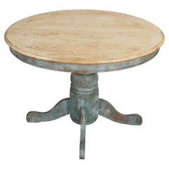 Round Bleached Oak Dining Table with Blue Painted Base and Leaf