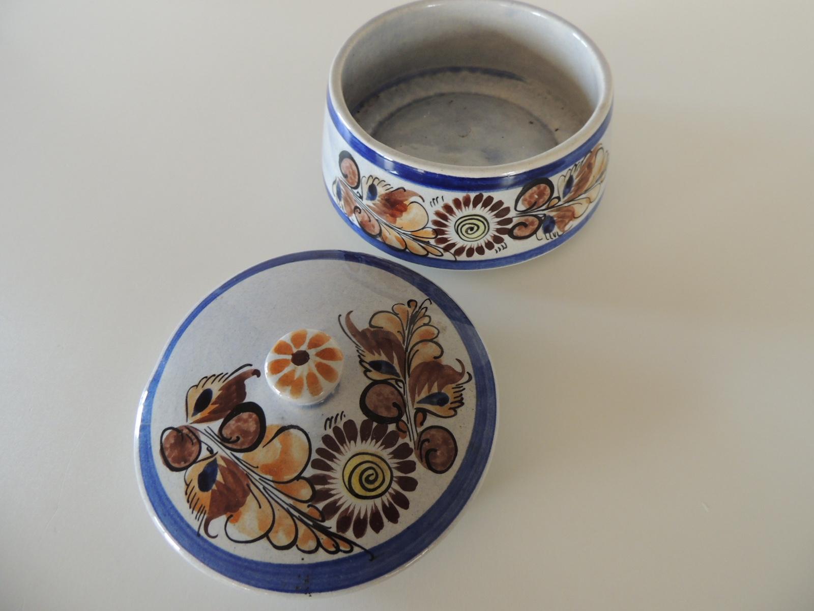 Country Round Blue and Brown Mexican Tonala Ceramic Decorative Box