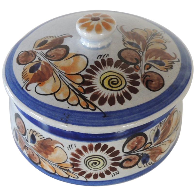 Round Blue and Brown Mexican Tonala Ceramic Decorative Box