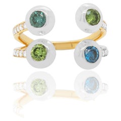 Round Blue and Green Diamond Bezel Fashion 14k White Yellow Gold Two Tone Ring