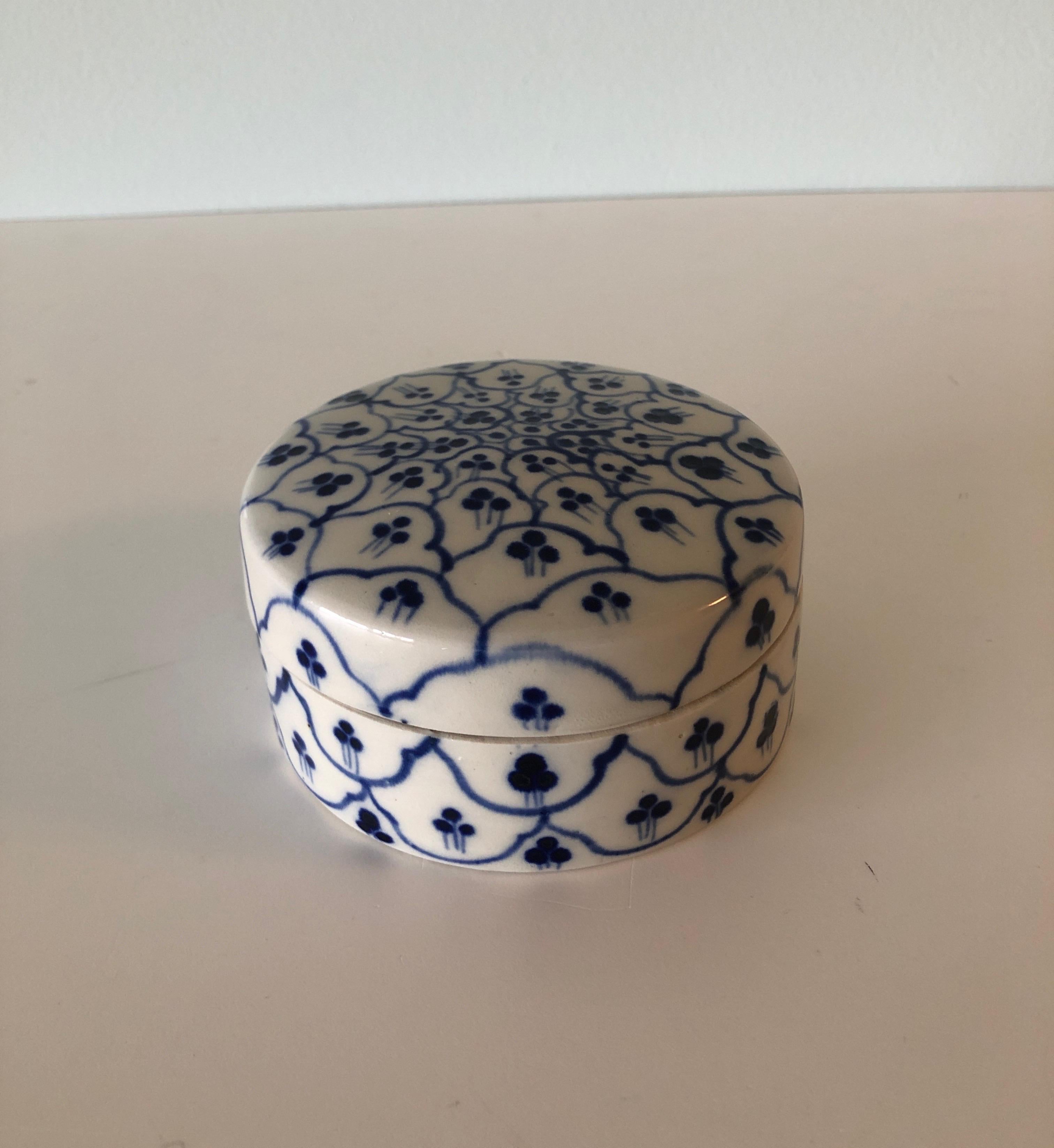 Round blue and white ceramic decorative box
Size: 4.5”D x 2”H.
