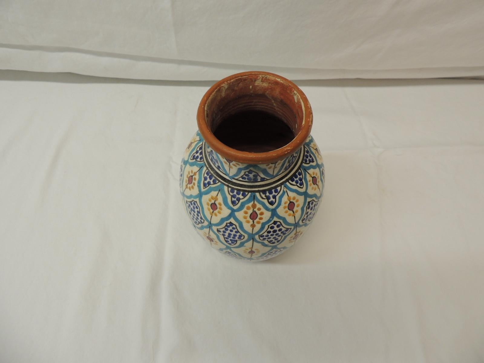 Round Blue and Yellow Terracotta Moroccan Vase.
Hand painted in shades of blue, yellow and white.
Size: 6