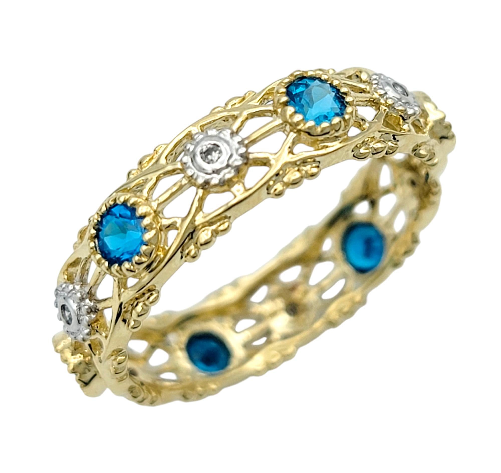Ring Size: 8

Introducing this stunning ring featuring an intricate open filigree design that artfully blends the alternating blue apatite and diamond gemstones. Set in 14 karat white gold, the diamonds sparkle brilliantly, accentuating the luminous