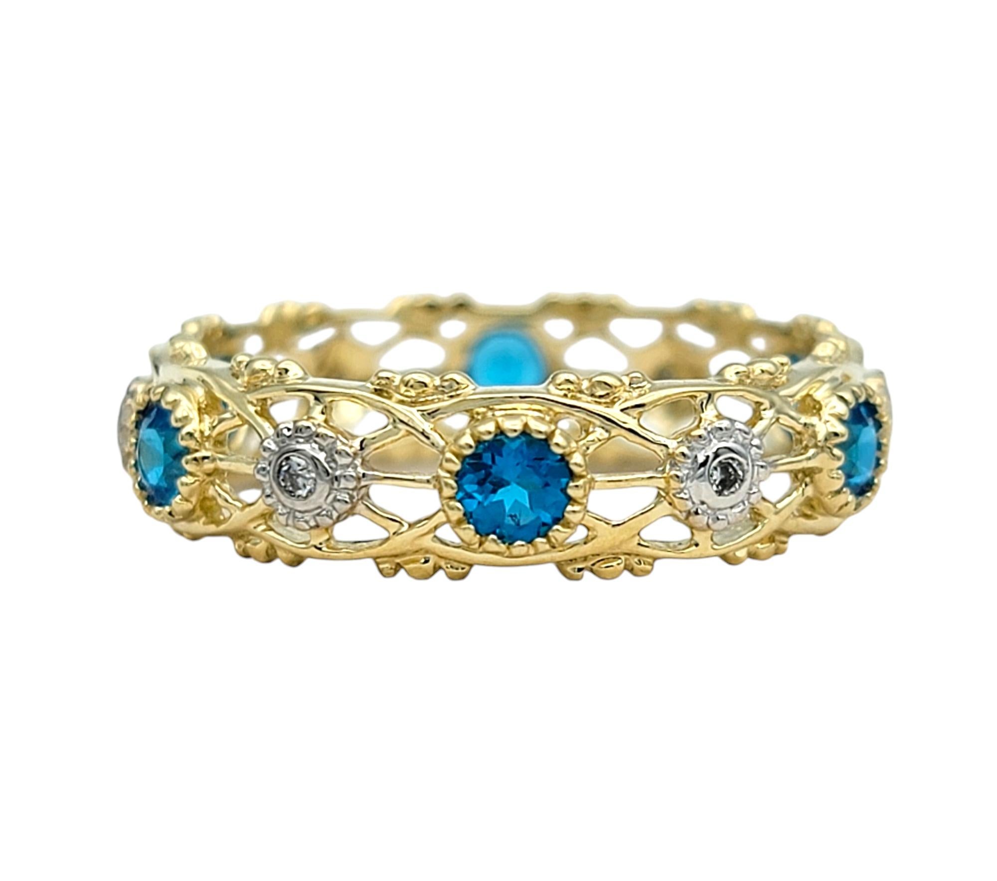 Contemporary Round Blue Apatite and Diamond Open Filigree Band Ring in Two-Tone 14 Karat Gold For Sale