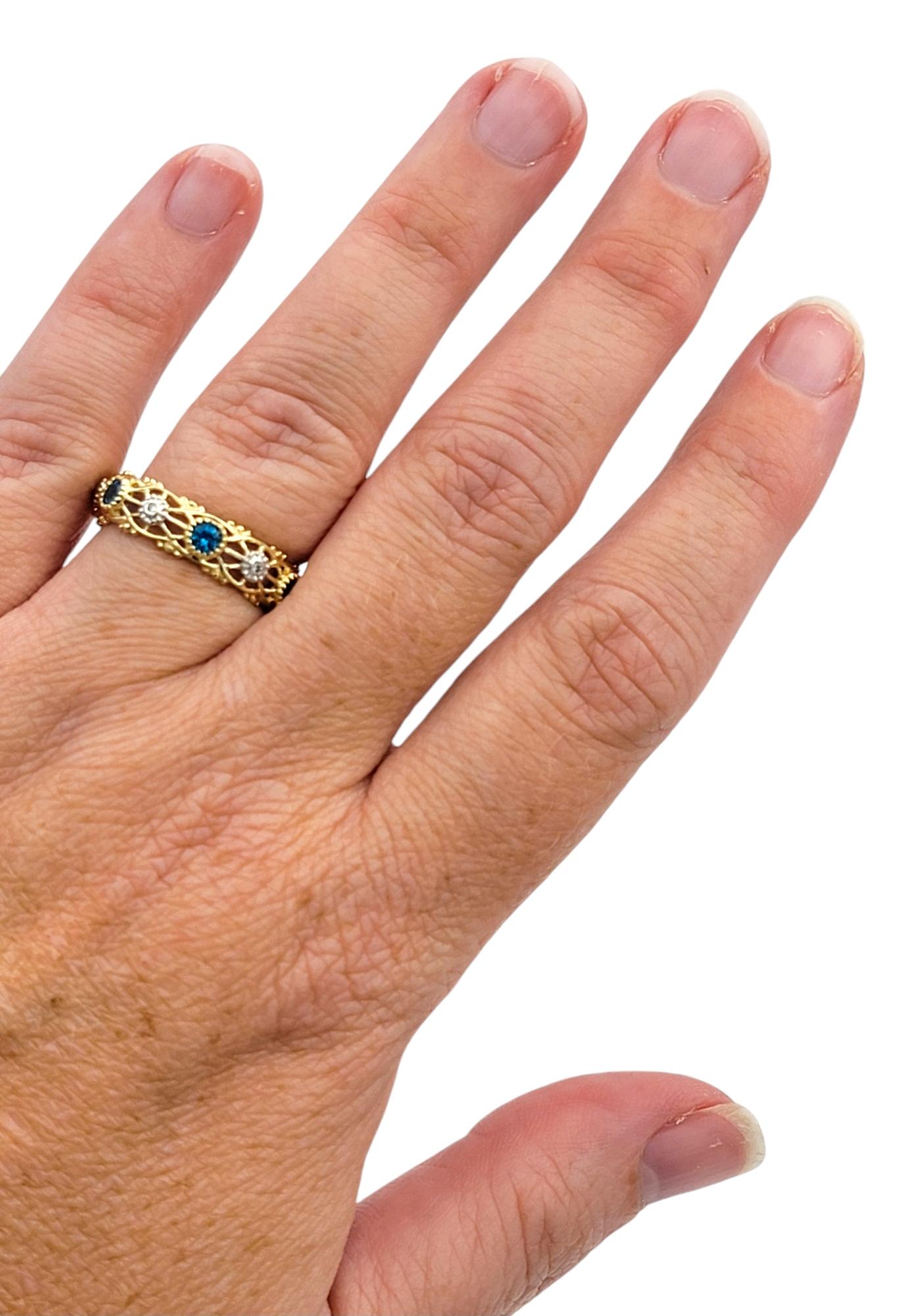 Round Cut Round Blue Apatite and Diamond Open Filigree Band Ring in Two-Tone 14 Karat Gold For Sale