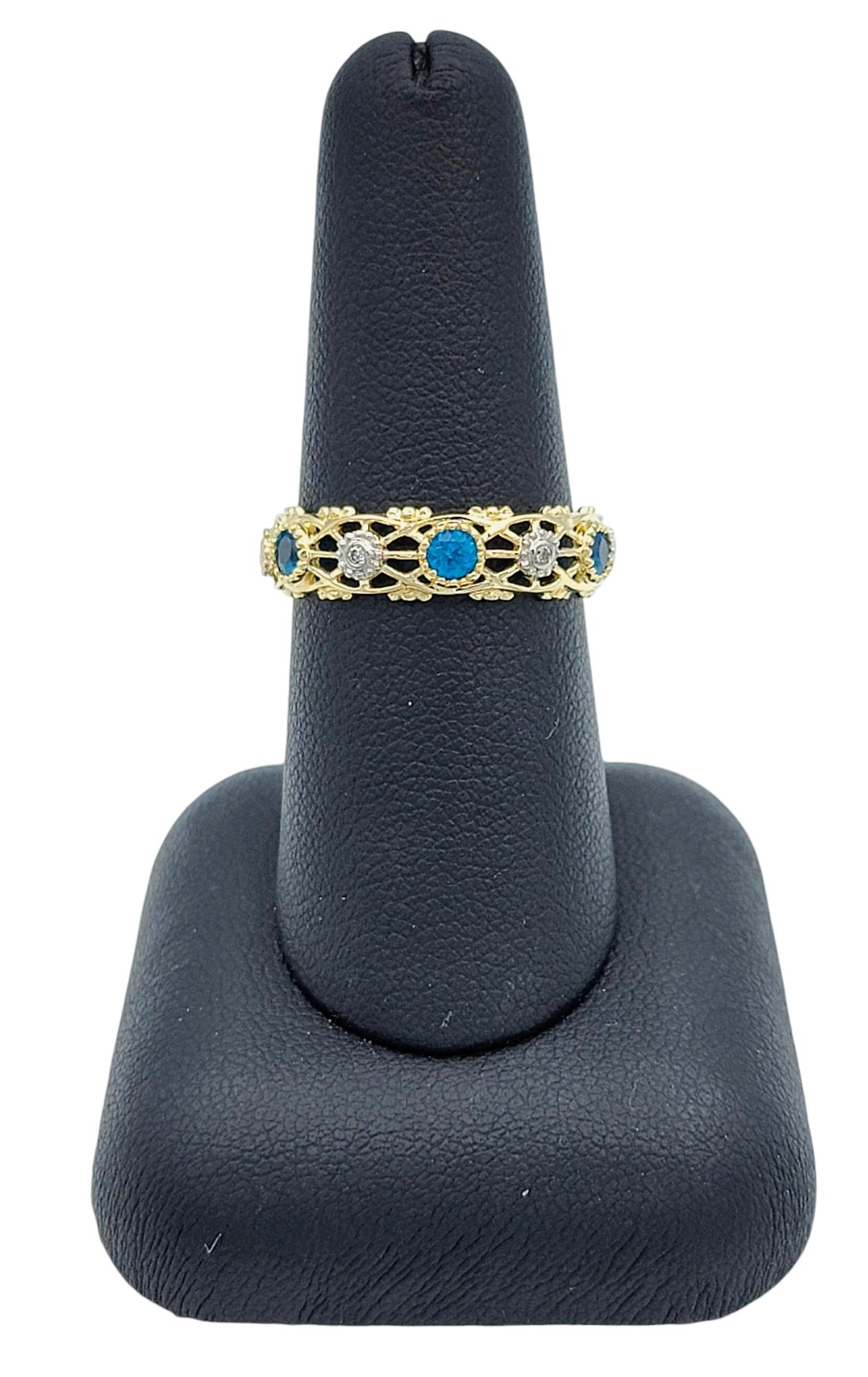 Women's Round Blue Apatite and Diamond Open Filigree Band Ring in Two-Tone 14 Karat Gold For Sale