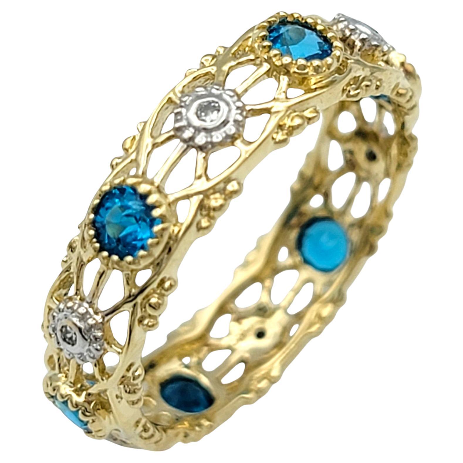 Round Blue Apatite and Diamond Open Filigree Band Ring in Two-Tone 14 Karat Gold For Sale
