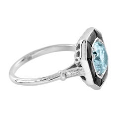 Round Blue Aquamarine & Black Onyx Halo Art Deco Style 14K White Gold Ring