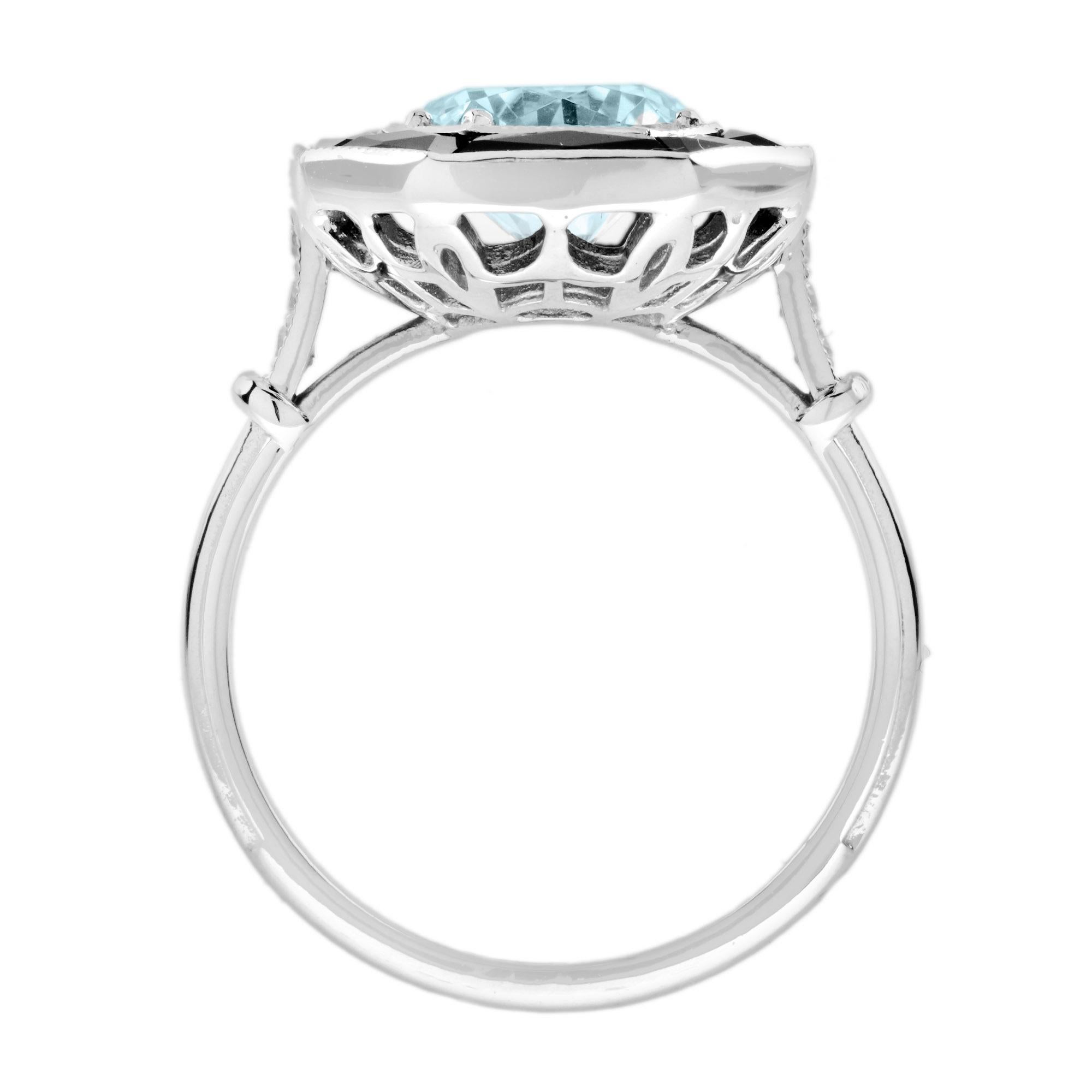 Anillo de oro blanco de 14 quilates estilo Art Déco con halo de ónice negro y aguamarina azul redonda Art Decó en venta