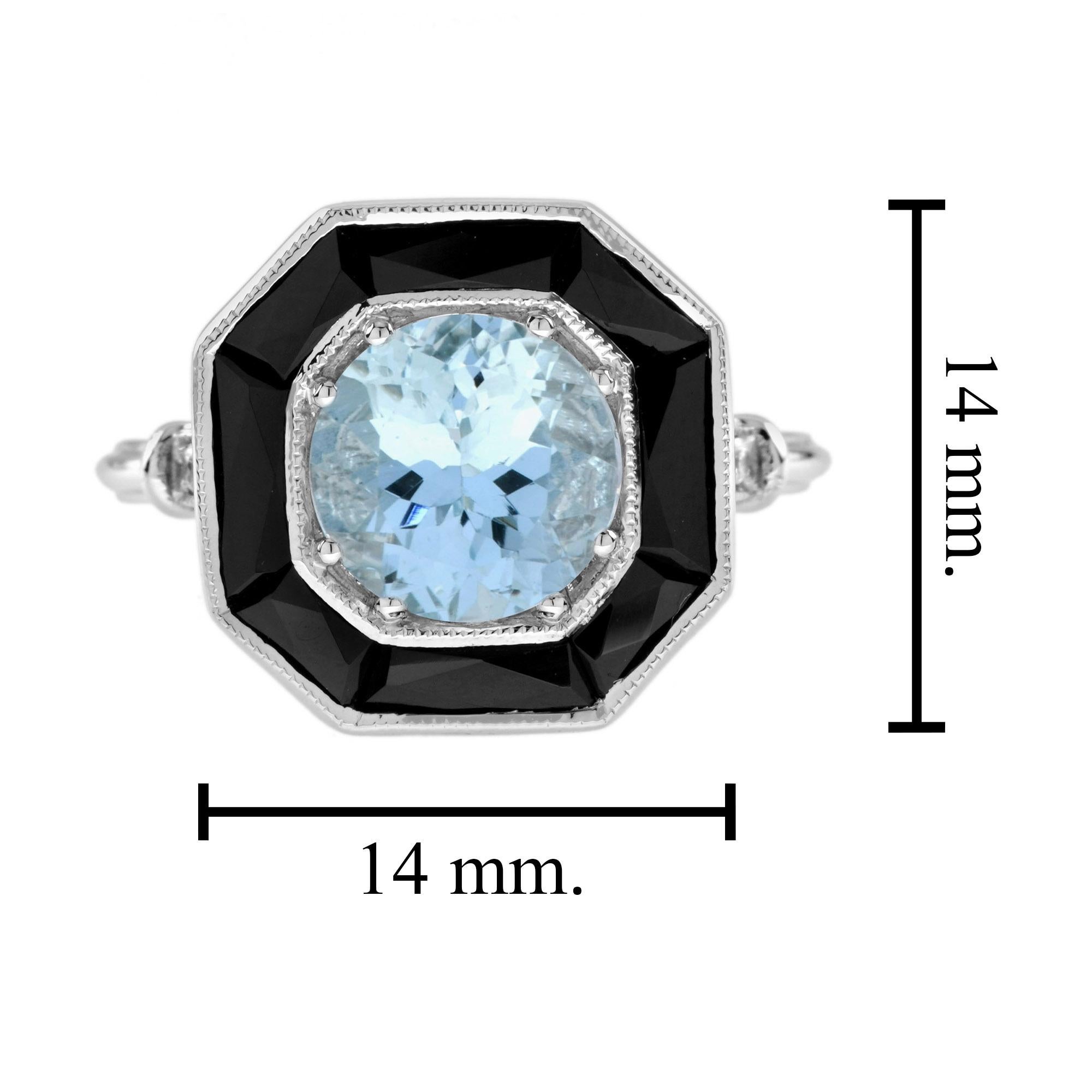 Anillo de oro blanco de 14 quilates estilo Art Déco con halo de ónice negro y aguamarina azul redonda Corte redondo en venta
