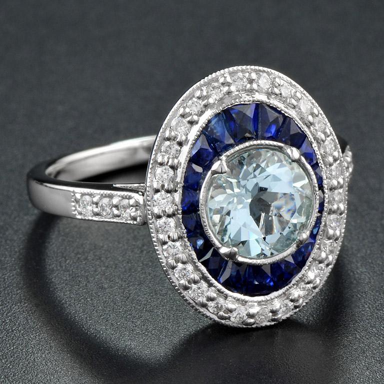 Round Blue Aquamarine & Blue Sapphire Diamond Halo Set 14K White Gold Ring (Art déco) im Angebot