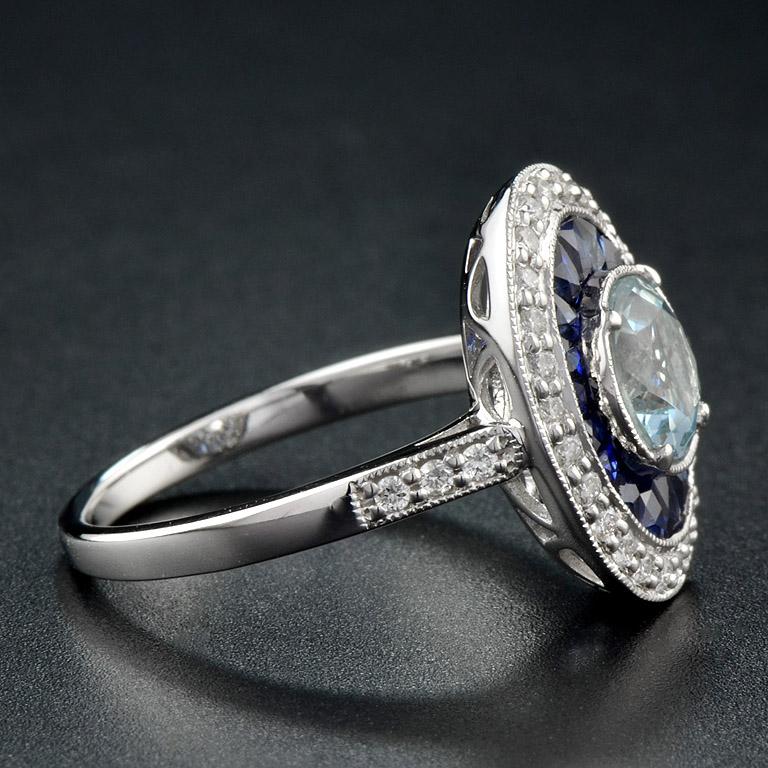 Round Blue Aquamarine & Blue Sapphire Diamond Halo Set 14K White Gold Ring (Rundschliff) im Angebot
